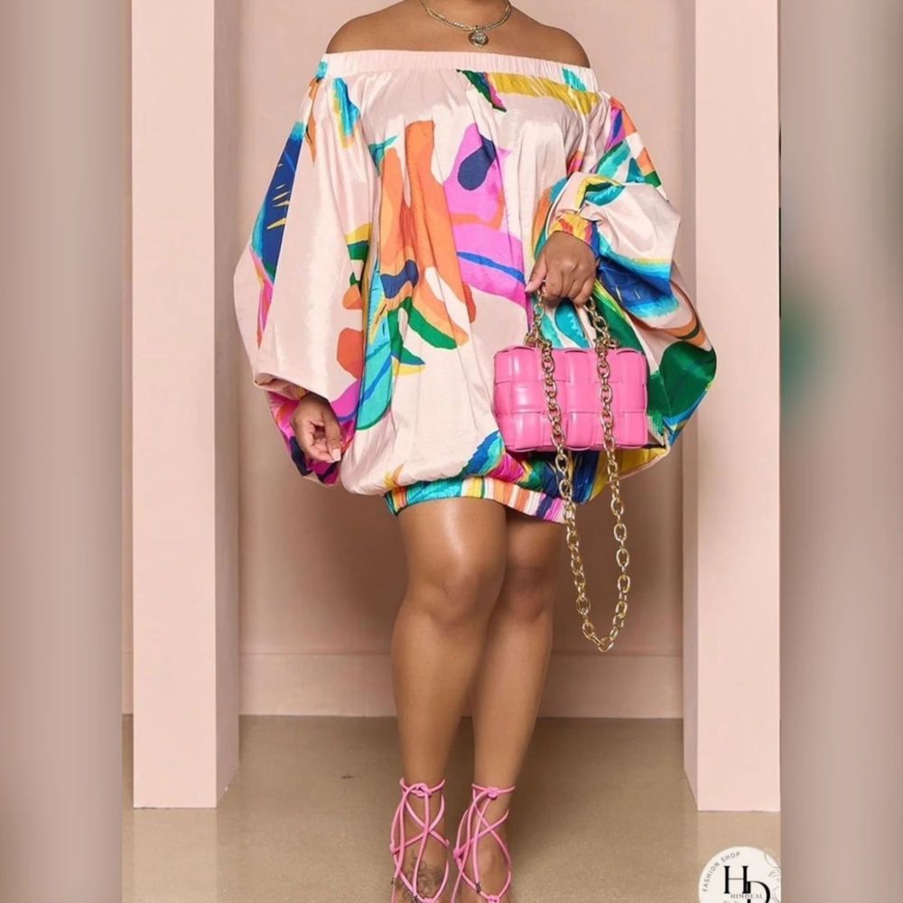 ➕️HD💜 Colorful Off-Shoulder Mini Dress